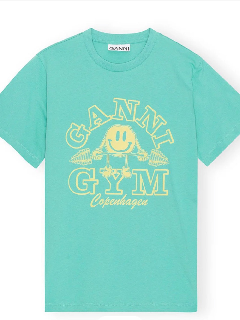 Ganni Aqua Short-Sleeve Graphic Tee with Yellow Print